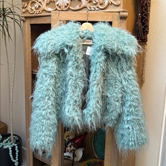 Free People Moonlight Faux Fur Jacket in Granite Green - Picture 12 of 15